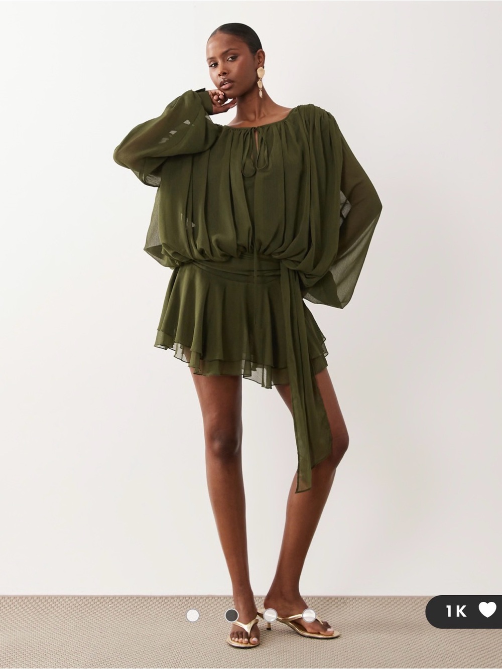 Lioness Elements Chiffon Drape Green Sheer Balloon Sleeve Mini Dress